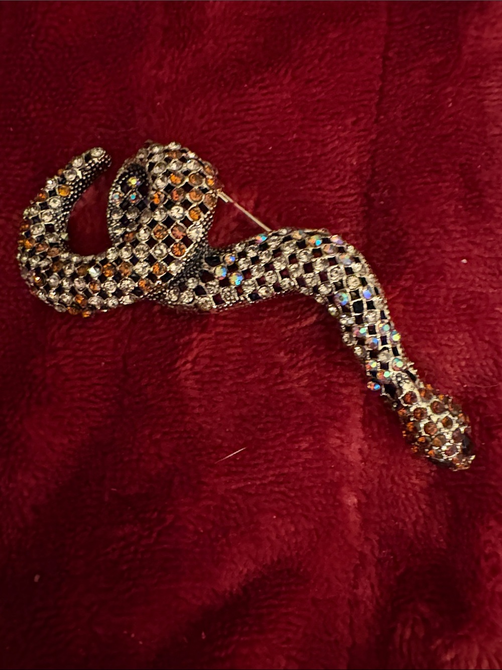 Rhinestone Snake Brooch in Amber and Clear Stones